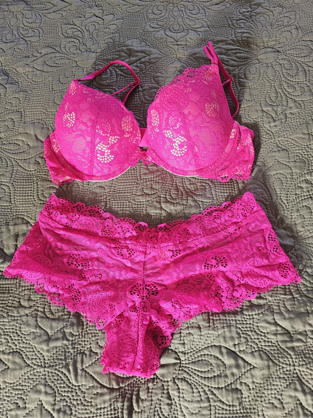 Victoria's Secret Hot Pink Lace Push-Up Bra & Lace Boyshorts
